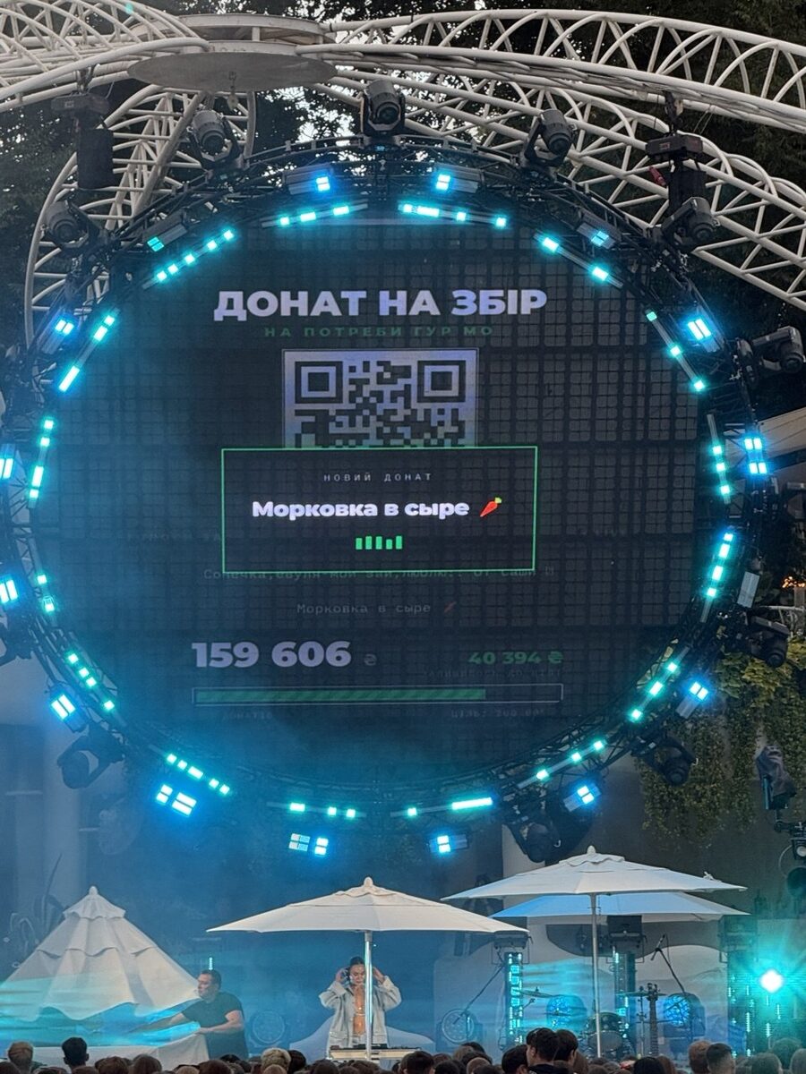 Round LED wall at an open-air show displaying a voiced message card and donation progress